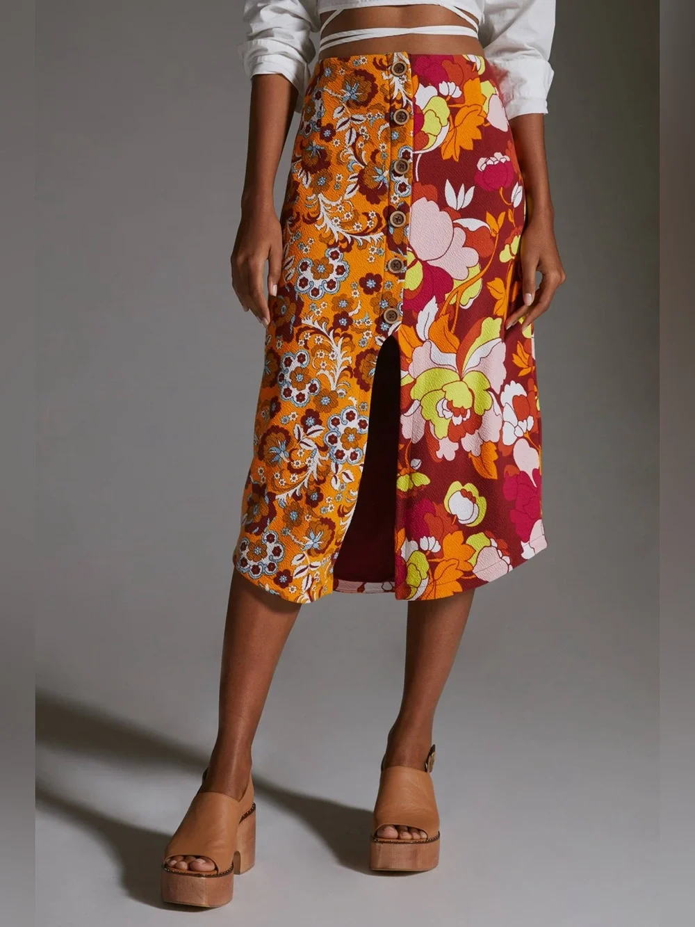 Anthropologie Maeve Button-Front Cutout Floral Patchwork Midi Skirt. Size XXS